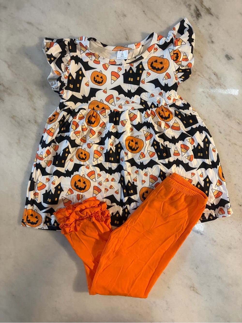 Girls Halloween Pumpkin & Bat Tunic Set with Orange Ruffle Leggings